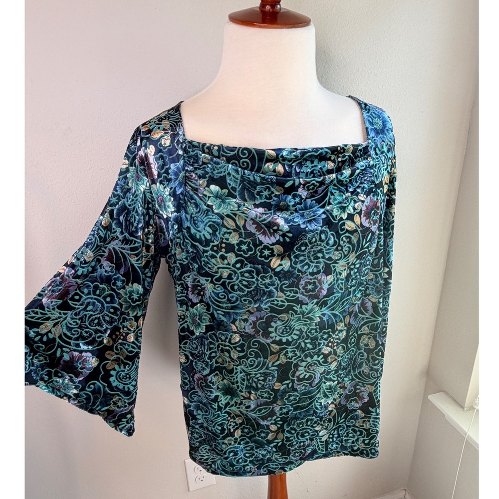 Crushed Velvet Dark Romantic Floral Square Neck Flare Sleeved Top Women's 2XL